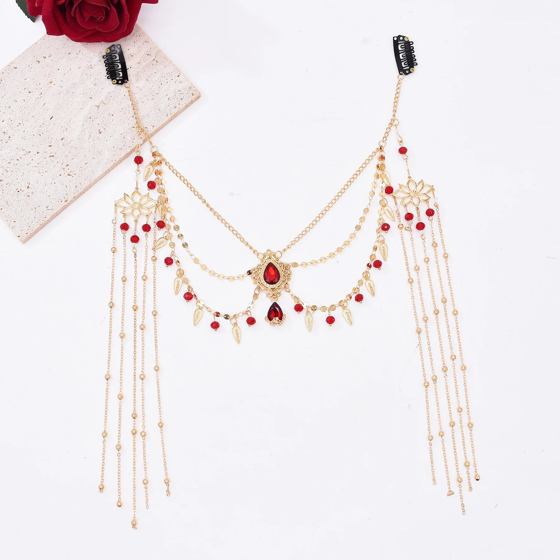 Fashion Red Acrylic Crystal Bead Long Alloy Chain Tassel Flower Pattern Hairband for Women Party Dance Jewelry Accessories