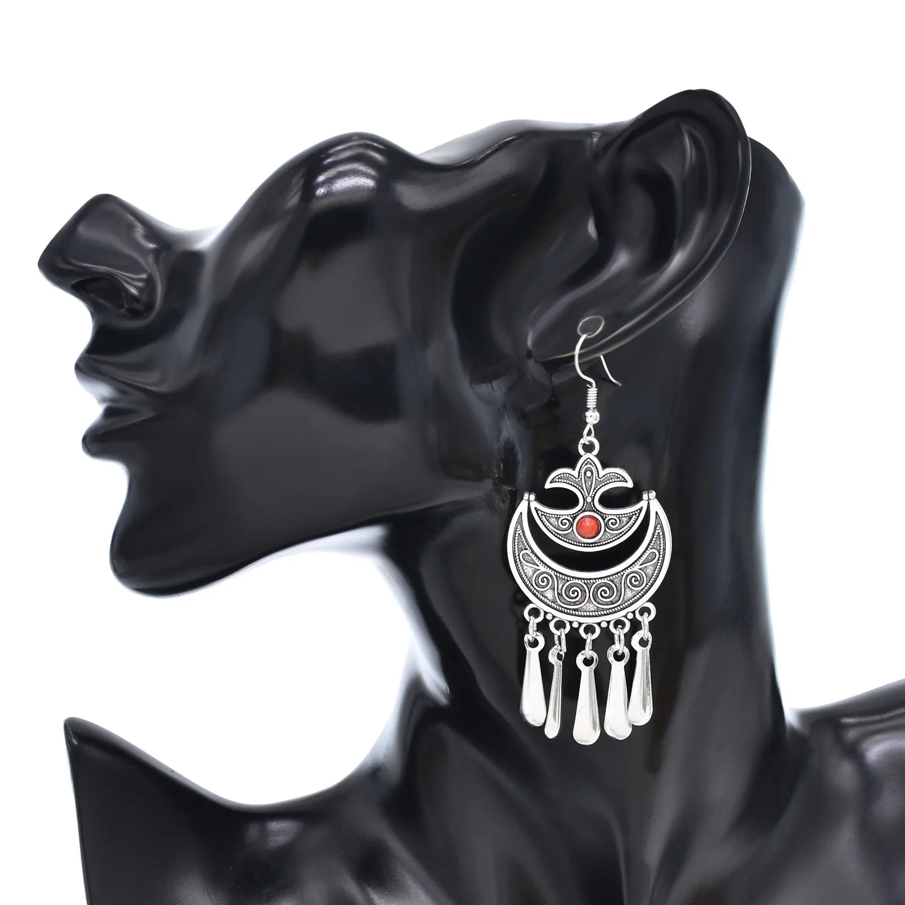 Indian Vintage Oxidized Silver Color Metal Drop Earrings for Women Boho Blue Black Stone Hanging Earrings Arab Ethnic Jewelry