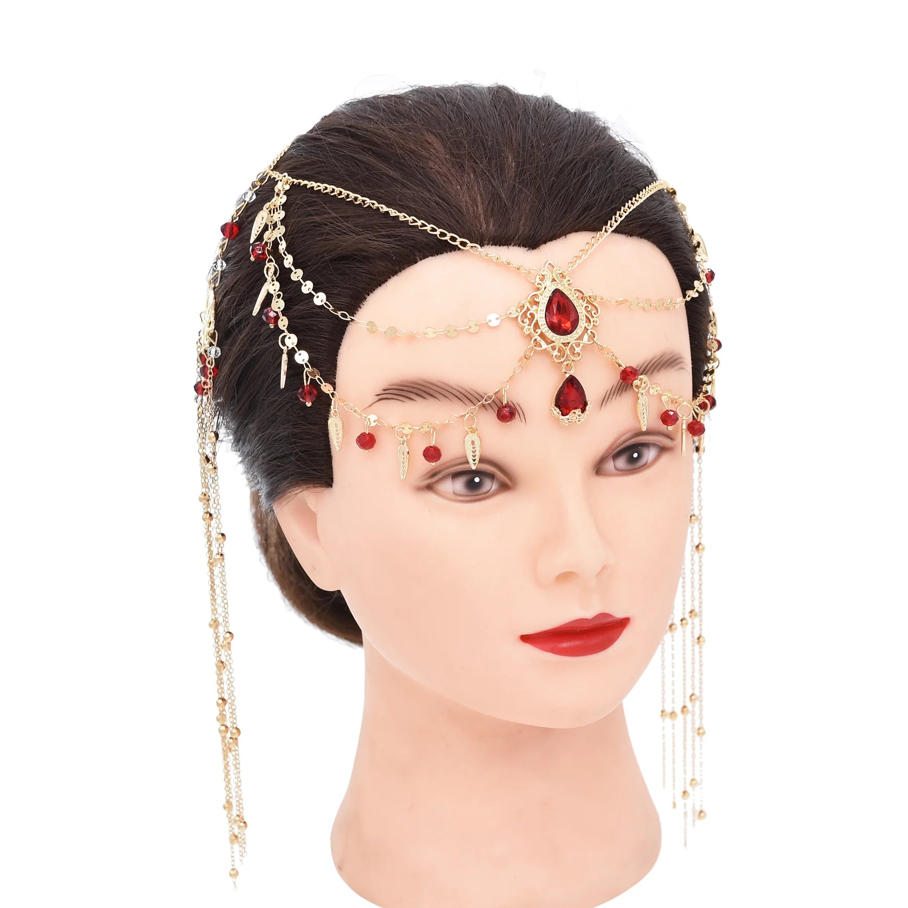 Fashion Red Acrylic Crystal Bead Long Alloy Chain Tassel Flower Pattern Hairband for Women Party Dance Jewelry Accessories