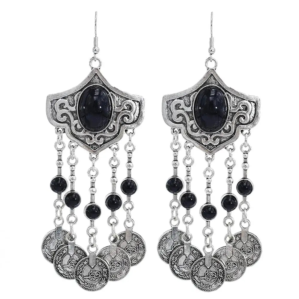 Big Turkish Coin Long Tassel Drop Earrings for Women Boho Ethnic Green Black Stone Statement Tribal Party Jewelry Gift